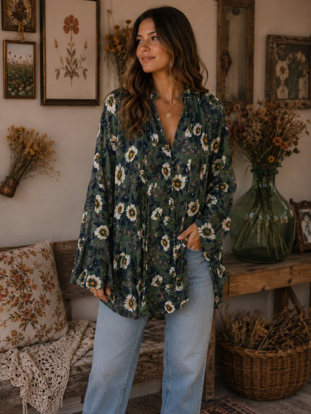 Free People Floral Boho Tunic Blouse